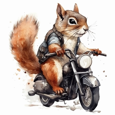 squirrel riding on harley davidson, motorcycle gang outfit, handpainted,watercolor, vector, clipart, clean white background