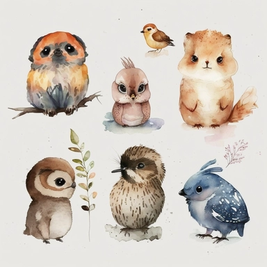 A group of cute, straight out of a kiddie watercolor clipart, sits against a pristine white background with delicate margins. These animals are small in body, but their big, curious eyes are what truly sets them apart. Each of them is unique, with different shapes and colors, but they all share a mischievous twinkle in their gaze. The illustrations are reminiscent of Zdeněk Miler's + Miriam Koch's famous 2D style, capturing both the cuteness and cuddliness of these creatures in perfect harmony. 
