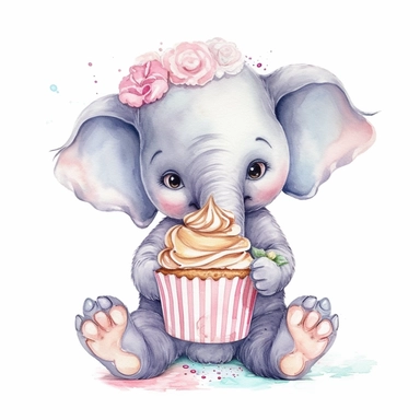 cute elephant sitting down eating a cup cake, clipart, water colour hd