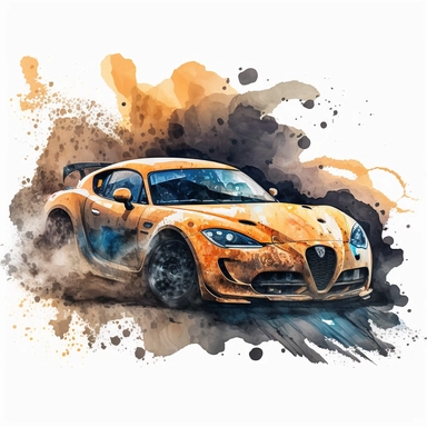 watercolor fast and furious sport car clipart, white background