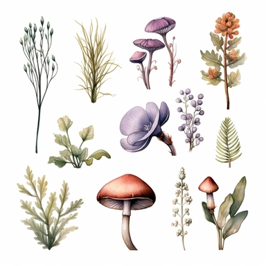 gorgeous set of wild Nordic plants clipart, flowers branches buds leaves moss mushrooms, vintage botanical art, detailed watercolor illustration, sublime, dreamy, soft muted colors, sharp detail, isolated on white background