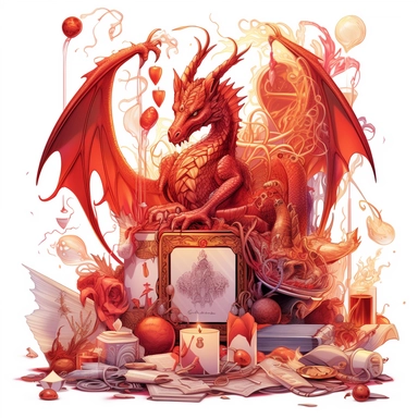 white background, airbrush, digital illustration, many tarot cards on the table, belonging to a dragon-witch, revealing their influence on fate and destiny. surrounded by flames, crystals, and other witchcraft-inspired objects, all in a witch-inspired setting. the color palette is Fiery and Bold: Shades of red, orange, and gold can give the dragon witch clipart a bold and fiery look, emphasizing the dragon's powerful and fierce nature. The image is in a beautiful gothic romanticism style. in the