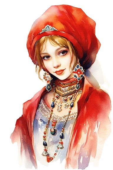 watercolor pretty Russian woman wearing in traditional Russian clothing clipart, hd, on white background, spaced out
