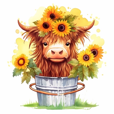 Highland Cow With Sunflowers in a flower pot with colorful flowers and a rainbow clipart