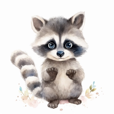 a harmonious baby raccoon with kind eyes clipart with watercolor illustration,full body shot,8k,etsy style, white background