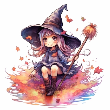 Little witch riding a broom, watercolor illustration high definition, cute character, Sublimation Clipart, hyper realistic, intricate detail, illustration style, isolated on white background for style by Lucy Fleming, watercolor, smooth gradients, black contour outline, ultra detailed, clipart elements, delicate pastel colors, solid white background, super clear, high quality
