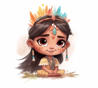 cute adorable little American Indian princess character watercolor clipart, disney, pixar
