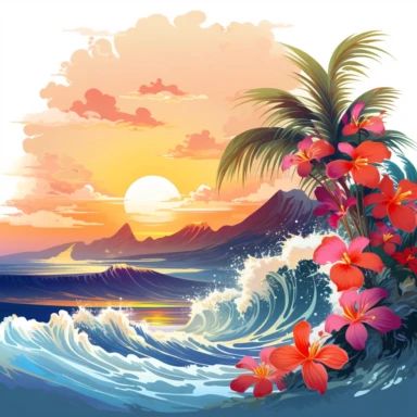 artwork majestic palm tree in digital painting style, beautiful flowers, sunrise mountains and clouds, big sea waves japanese style, water splashes, white background, colorful fantasy flower surround, highly detailed clean, vector image, photorealistic masterpiece, professional photography, realistic, flat white background, isometric, vibrant vector, clipart, illustration, realism, 4k, cinematic, front view, white background
