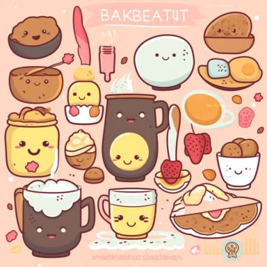 Kawaii Breakfast Clipart, a delightful collection of cute and cheerful breakfast-themed graphics. The bundle includes adorable illustrations of eggs, bacon, pancakes, coffee, and other breakfast items, all designed in a kawaii style. The scene is set in a cozy kitchen, with a breakfast table adorned with cute plates, cups, and utensils. The mood is warm and inviting, capturing the comfort and joy of a hearty breakfast. The atmosphere is playful and lighthearted, evoking a sense of happiness and 