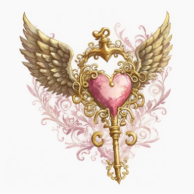 golden key with wings, with a heart, pink, elven filigree, watercolor clipart, white background, high detail