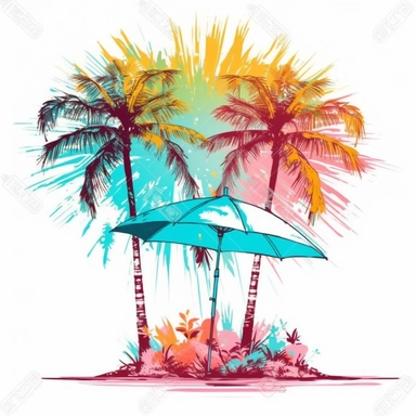 vector clipart of beach umbrella, flowers, palm trees, bright pastel opalescent color palette, white background