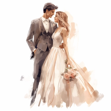 Wedding bride and groom, clipart, white background, in the style of elegant realism, muted and subtle tones, detailed painting, transparency and lightness