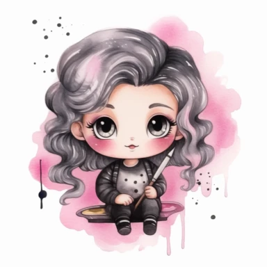 Watercolor funny create kawaii marbled black, silver, pink chibi with school supplies clipart, isolated