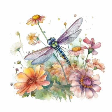 artwork in the style of cicely mary barker, clipart, whimsical watercolour illustration of a cute dragonfly and flowers, very colourful, watercolor clipart, book cover illustration, hyper HD, white background