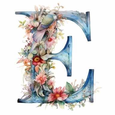 Watercolor illuminated initial, letter E , Clipart, E, witchy, magical, whimsical , white background, png