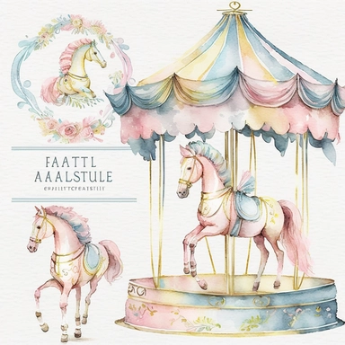 pastel pink, blue, yellow carousel horse, banners watercolor clipart