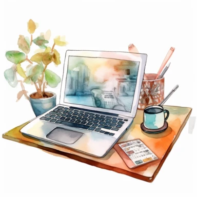 A laptop on a home office desk clipart, white background, watercolor drawing