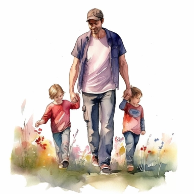 Watercolor Clipart, a man holding hands with two children in the field of flowers, watercolor cartoon, white background, computer art, digital illustration, detailed painting, realistic, high quality