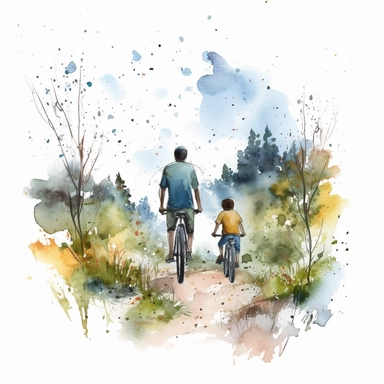 Father and child going on a bike ride or exploring nature together, water color style, clipart, white background