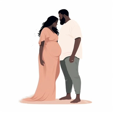 pastel colors vector full view image of faceless trendy heavily pregnant african american woman side view with fat man belly touching together, illustration clipart, white background