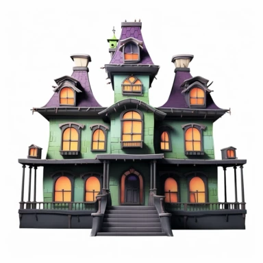 3D symmetrical mansion, game clipart asset front-facing front profile view, a cartoon creepy dilapidated house, eerie atmosphere, victorian period, haunted, evil, disney animation, cartoonish chaos, blown-off-roof perspective, goblin academia, green purple orange black scheme pallete, accurate and detailed, twisted imagination, orthographic perpsective, past epoch, Unreal Engine, OpenGL-shaders, GLSL-shaders, neutral background.