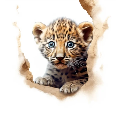 cute leopard cub, peeking out from behind a rock, eyes gleaming with curiosity, bold colors, clipart, on a white background