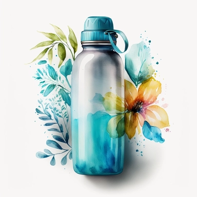 summer clipart of a blue water bottle , in a vibrant watercolor style, with a white background