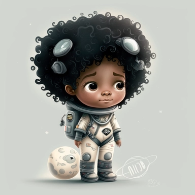 Happy Black Girl Astronant on the moon ,Cheer full , Curly hair, Black Girl clipart, Funny African American Girl , Humorous , funny , smiling in outter space in alien spacecraft , moon child png, Highly detailed close-up portrait , African american Astronaut Girl , Black Girl on the moon , , standing on the moon , Nicoletta Ceccoli, Mark Ryden, lostfish, Earl Nor, global lighting, divine rays, detailed and intricate surroundings, sf, intricate artwork masterpiece, ominous, matte painting movie p