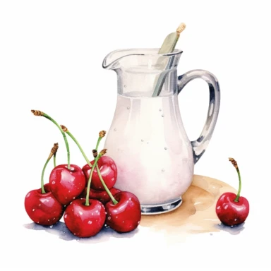 realistic high detailed watercolor cherries and a jug of milk clipart, white background,