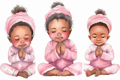 6 Watercolor happy cute beautiful brown skin african American baby girl praying wearing pink pajamas, clipart, isolated, white background, spaced out--q 2