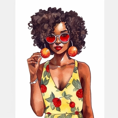 a watercolor fashion illustration clipart of a girl with dark skin wearing a cherry print dress and yellow glasses. The dress should have a bright, vibrant print of red cherries on a white background, and the girl's hair should be styled in a curly afro. She should be depicted in a confident and fashionable pose, exuding a summery vibe. Please ensure that the overall style of the image is colorful and eye-catching, with attention to detail in capturing the cherry print and the girl's unique feat