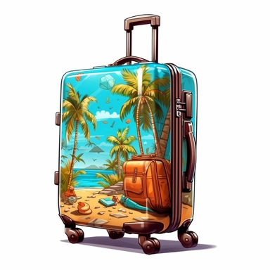 a single clipart image png graphic of a Realistic Painting Clipart Beach Vacation Luggage PNG Illustration, very detailed, Cartoon,hyper realistic, intricate detail, illustration style,high solution,on the white background