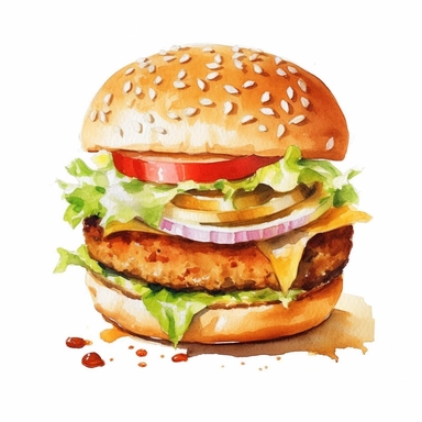 basic watercolor hashbrown burger in minimal hand drawn style, Etsy, textured, clipart, white background