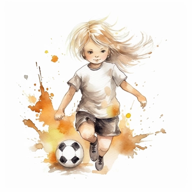watercolor style a girl with blond hair playing soccer childish sweet clipart neutral colors on white background
