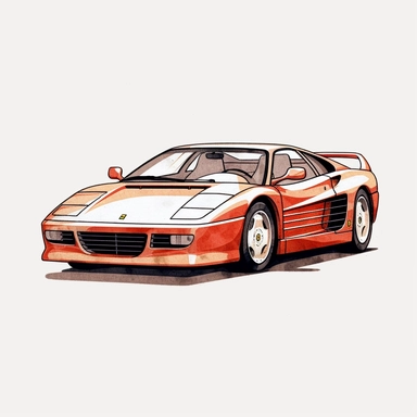 Clipart of a Ferrari Testarossa minimal details, aquarel colored cartoon style with thick borders. Only the car. White background, no floor, no shadow
