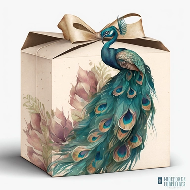 clipart watercolor flat box in peacock pattern with huge long bow on top