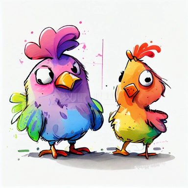 funny pink, yellow, blue, orange and green chicken, hen with rooster like a friend, cartoon style, white background, black outside lines, designs, white background, watercolor pencil drawing, small details, digital art, clipart, super acurate, –testp, pixar,