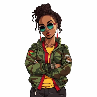 cartoon illustration of a cute black woman, with attitude, leaning with crossed arms, wearing camouflage pants and a green, yellow and red, jacket with red sunglasses, bantu knots hairstyle, clipart, white background