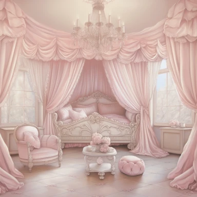 panoramic view, full view, beautiful elegant royal baby girl nursery room drawing painting, frilly, romantic, fantasy, ethereal, light pink and white colors, beautiful crib with beautiful full flowing canopy, beautiful bling crystal chandelier, soft pink teddy bear, beautiful large Victorian style window with beautiful pink flowing drapes, faux fur rug, sharp focus, high detail, 8k, illustration clipart style, transparent background