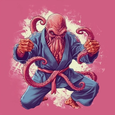 jiu jitsu fighter octopus, jiu jitsu, horror, satire, creepshow, 1980s, villains, clipart, poster
