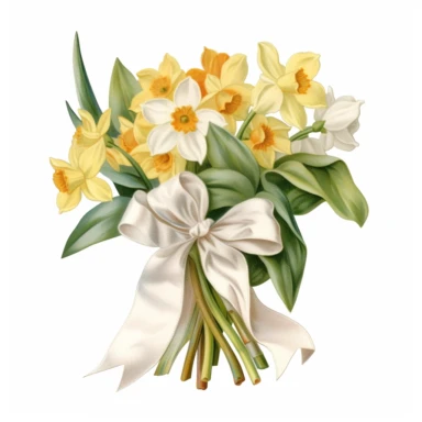 botanical clipart, full jonquil flower bouquet ruban wrap, isolated on white background, Margaret Mee, Pierre-Joseph Redouté, Sydney Parkinson, 8k