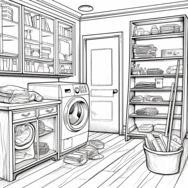 laundry room with washer, dryer, iron, mop, broom, simple, all black and white for coloring book, isolated, line art, printable outline art, digital art, clip art, only outerlines, black lines,