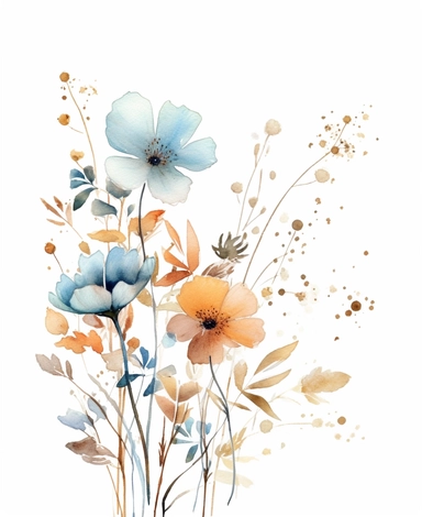 delicate Meadow Floral and leaves corner Frame Watercolor, , Spring Clipart, dust, Minimalistic Flowers Watercolor, Elegant Blooms, dainty florals, watercolor illustration, hand drawing style