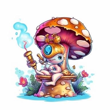 whimsical, cute, cartoon, clipart, caterpillar smoking a hookah sitting on a magic mushroom, sticker