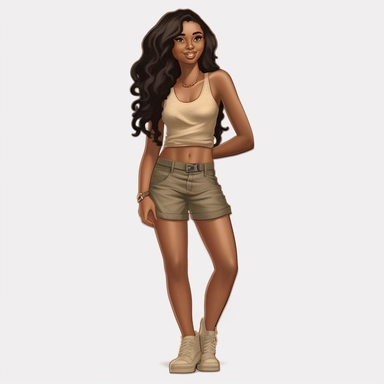 beautiful black teenage girl with beautiful long hair to her waist, dressed casually. Full perspective and, long shot A young black woman with full lips and a big beautiful smile, dressed in khaki shorts and a tank top, has long hair and beautiful shapely legs, wearing heels, clipart in the style of digital airbrushing, feminine sticker art, dollcore, realistic face, realistic body, glamorous,