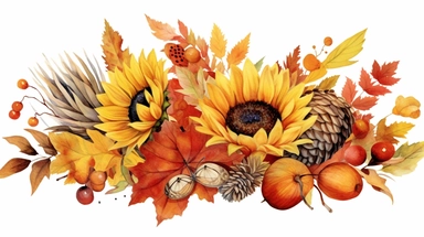 Watercolor fall illustration. Autumn leaves, sunflower bouquet, maple leaf, rowan berries, oak leaf, acorn, mushrooms arragement. Thanksgiving clipart