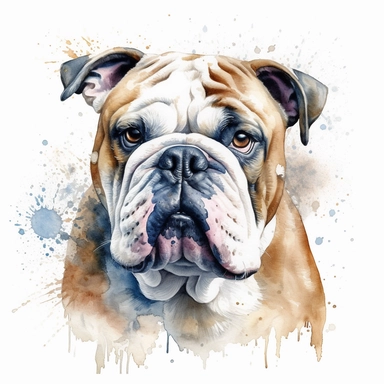 watercolor illustration of a cute English Bulldog dog, watercolor clipart, in the style of 32k uhd, realistic animal portrait, white background, png