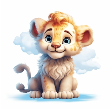 cute baby lion with a smile on its face, soft color, HD, cartoon image, on white background, glowing eyes, sitting on a clouds, on white background Clipart,Cartoon, hyper realistic, intricate detail, illustration style,high solution,on the white background