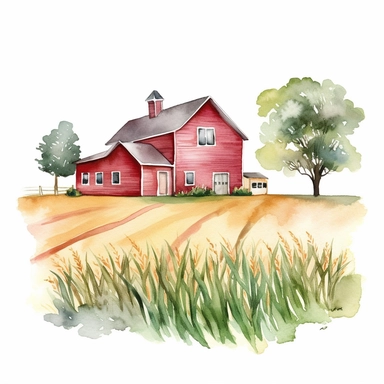 A watercolor painting of a farmhouse with a red barn and fields of crops, Watercolor clipart, isolated on white background