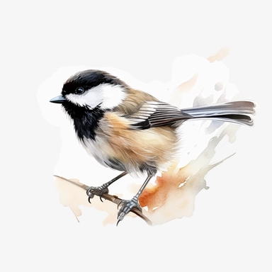 realistic watercolor painting of a chickadee in the auduban style with a light background, white background, clipart